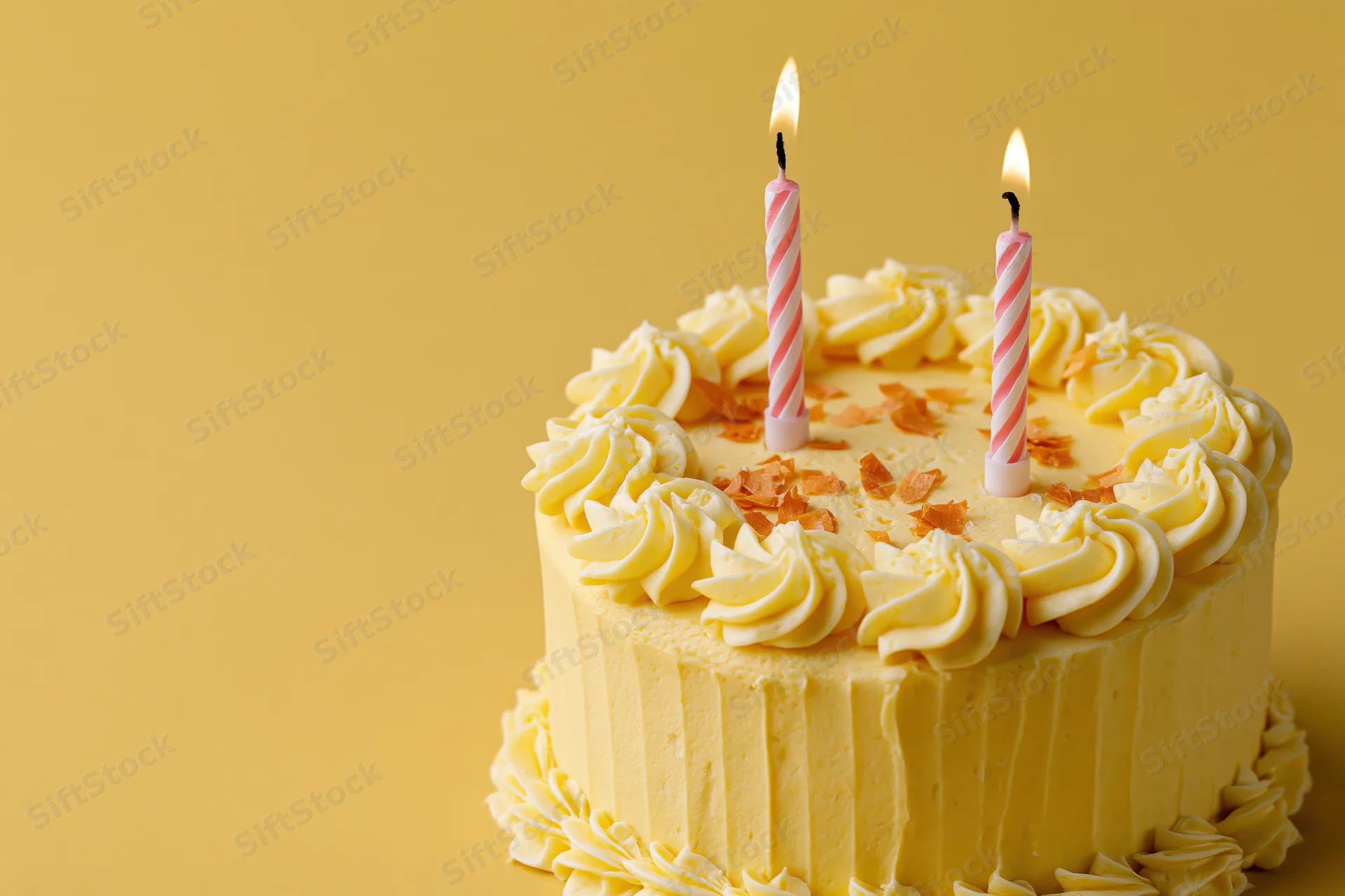 Small pale yellow birthday cake with two lit striped candles on a warm yellow background