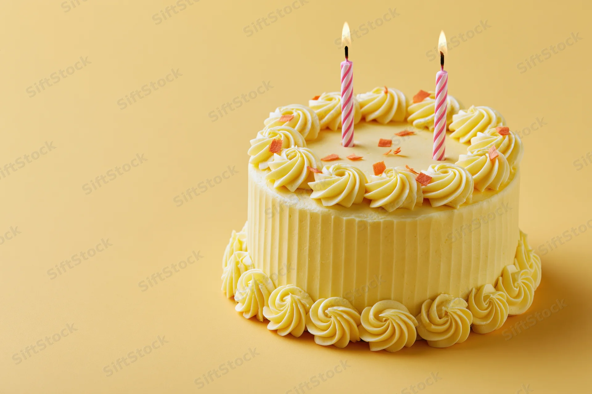 Small pale yellow birthday cake with two lit striped candles on a plain yellow background