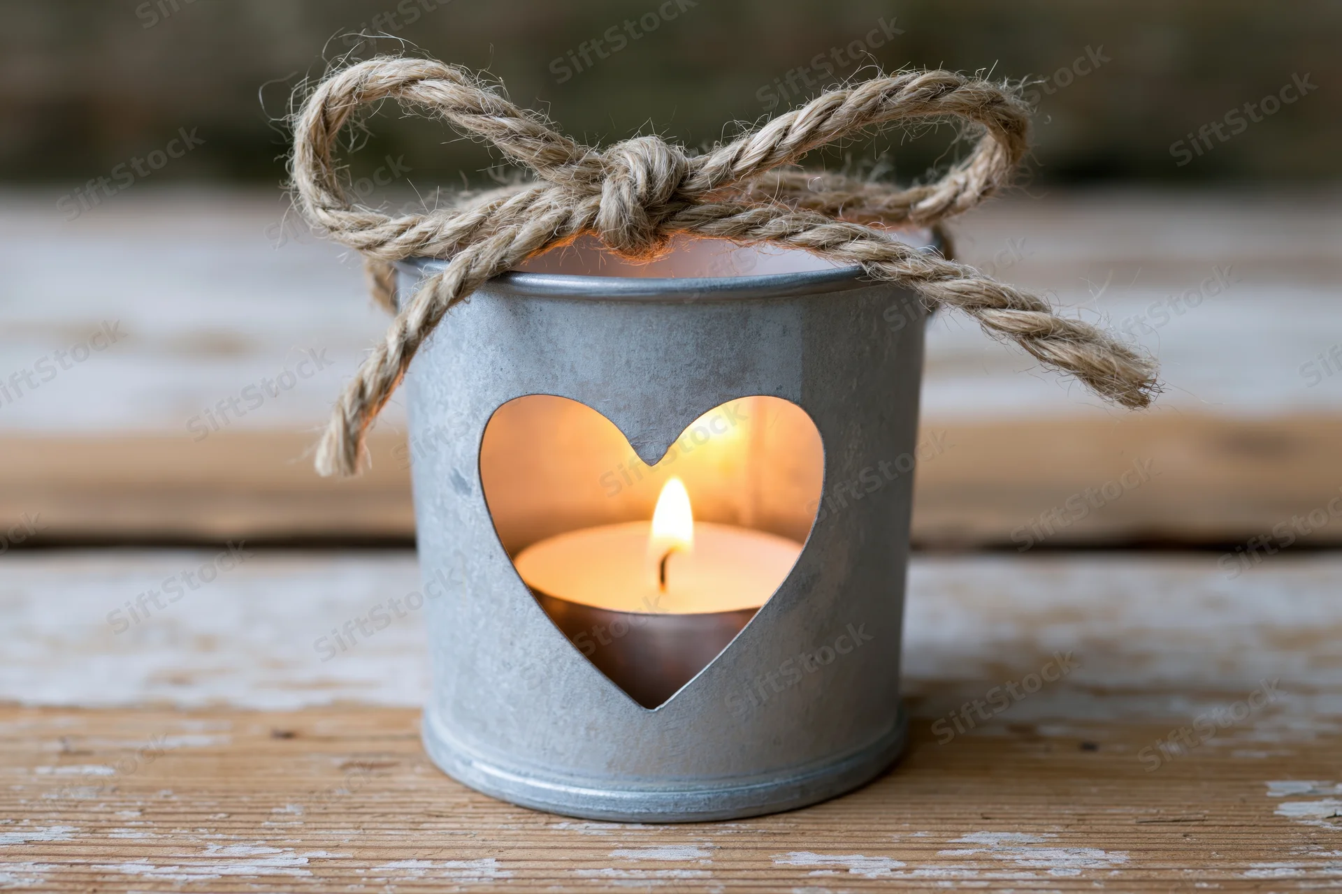 Lit candle in a zinc metal holder with heart cutout and twine bow on wooden surface