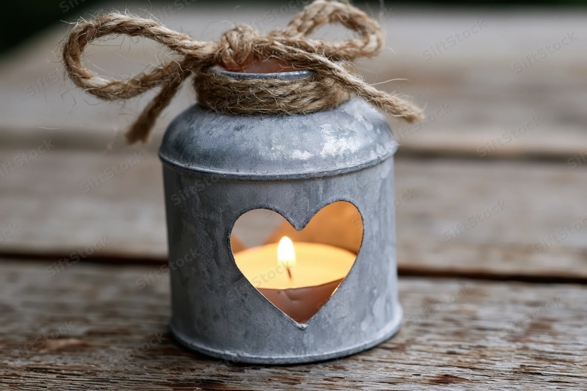 Lit candle in a zinc metal holder with heart cutout on wooden surface