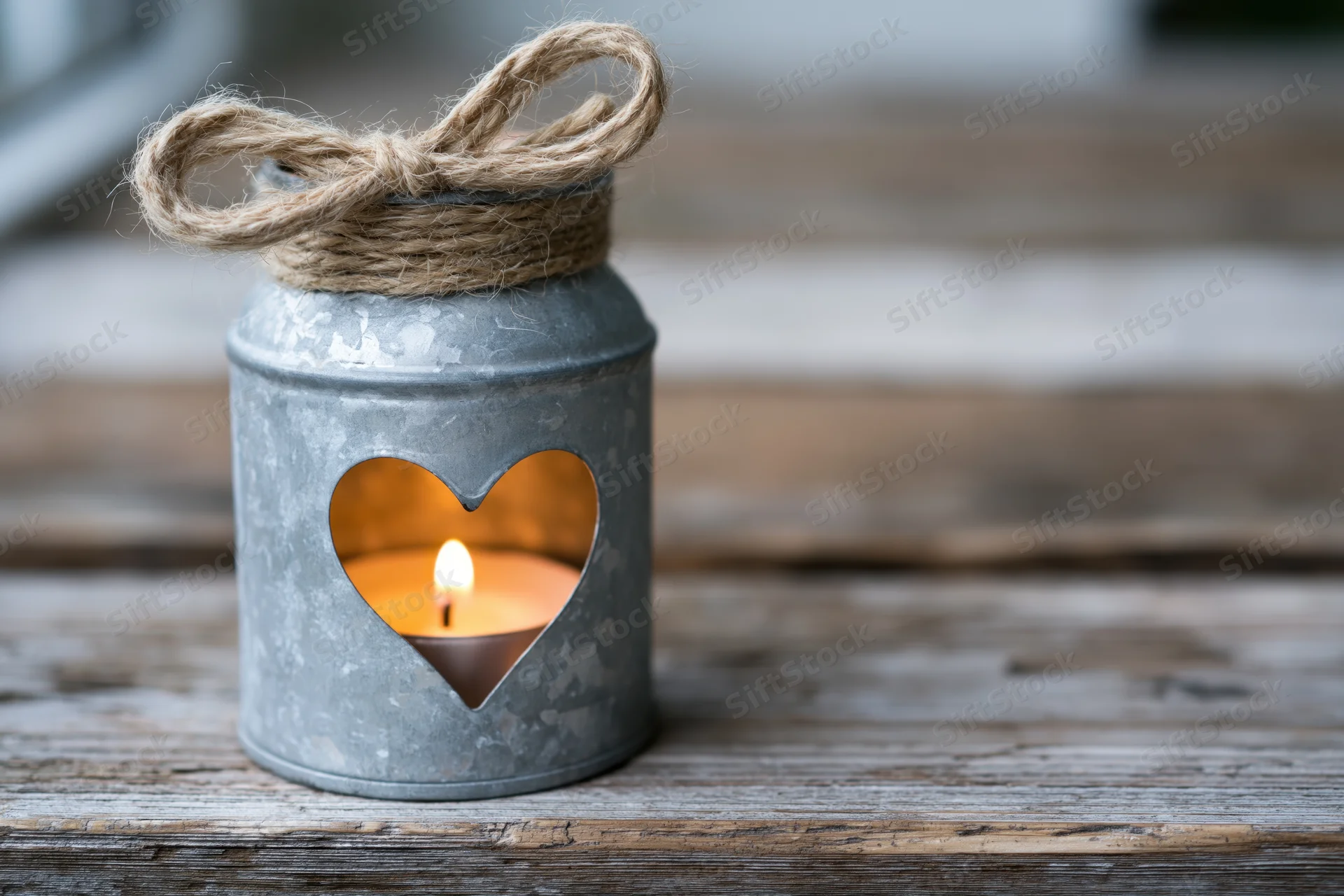Lit candle in a zinc metal holder with heart cutout on a weathered wooden surface