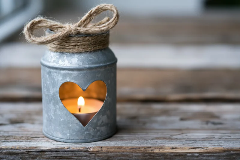 Lit candle in a zinc metal holder with heart cutout on a weathered wooden surface
