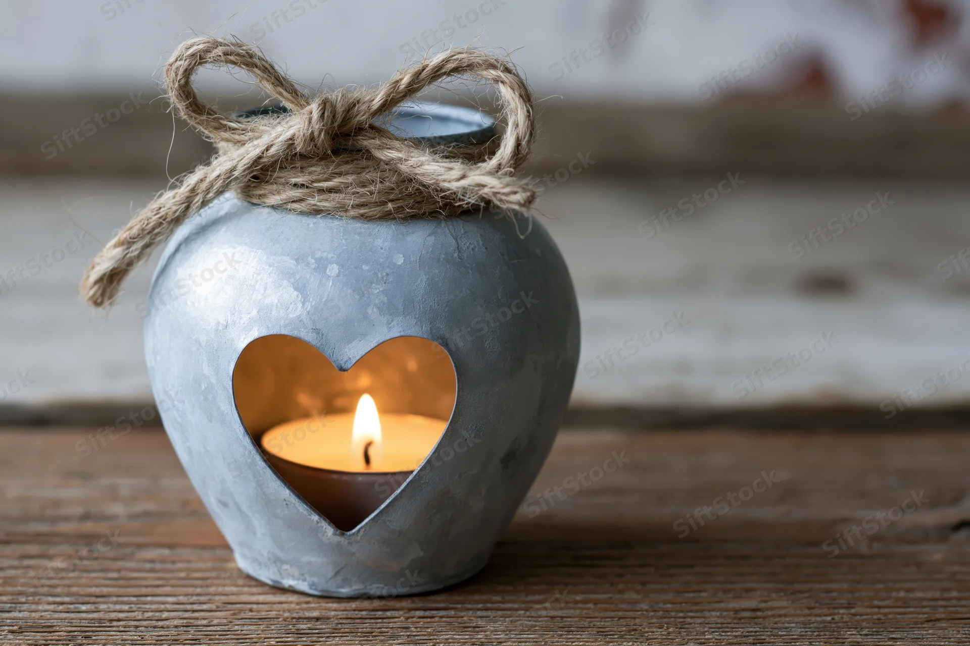 Lit candle inside zinc holder with heart cutout on wooden surface