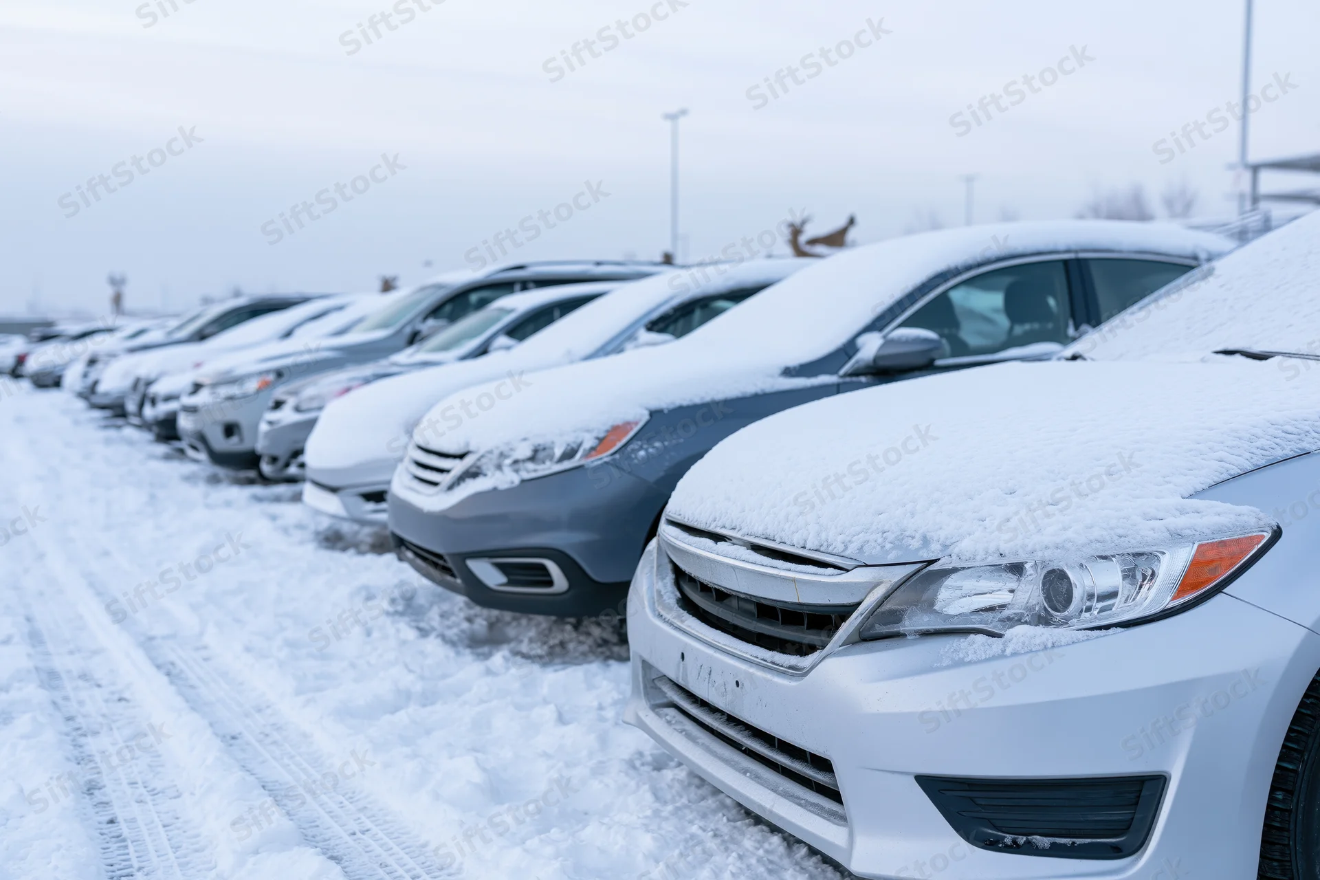 Snow-covered cars parked in a row in an outdoor lot during winter