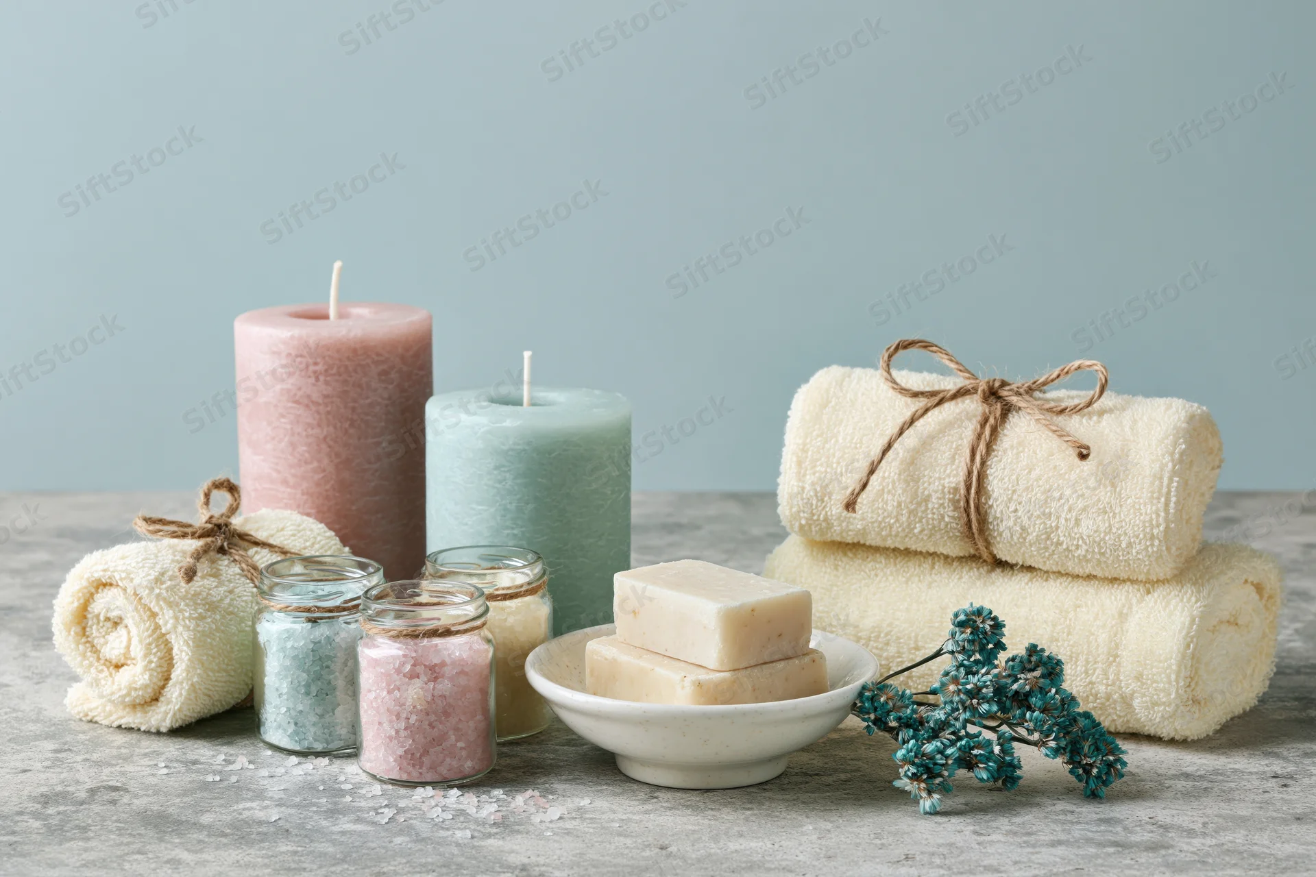 Spa wellness flat lay with candles, towels, soap and bath salts on concrete surface