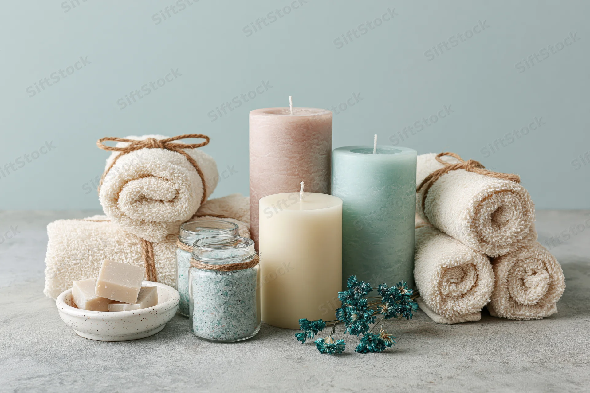 Spa wellness flat lay with candles, rolled towels, soap and bath salts on concrete surface