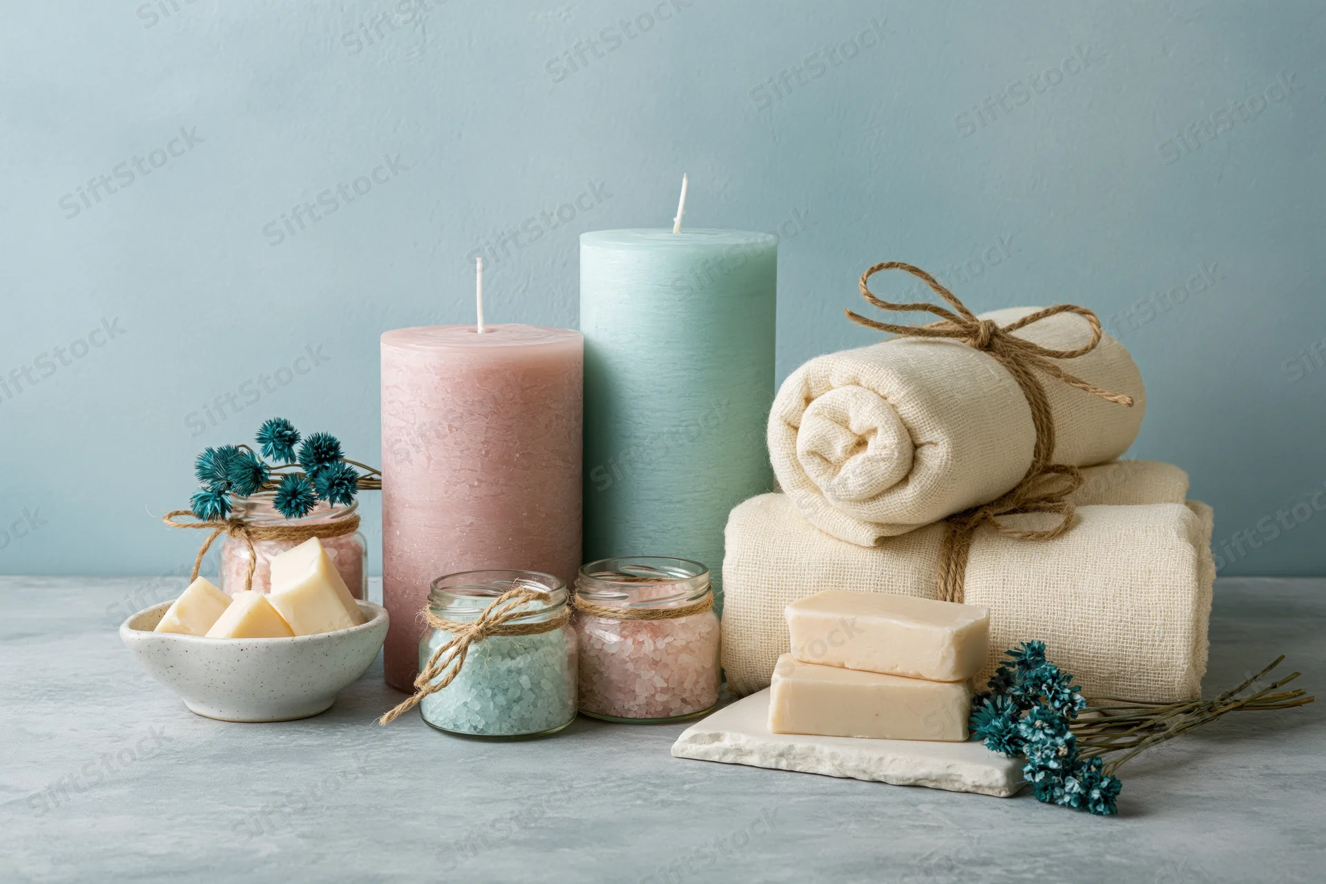 Spa wellness flat lay with candles, towels, soap, and bath salts on a concrete surface