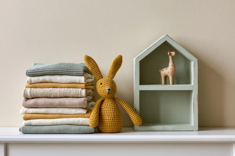 Stack of folded baby clothes in soft knit and cotton textures on a shelf beside a crocheted rabbit and a wooden giraffe figurine in a house-shaped shelf unit