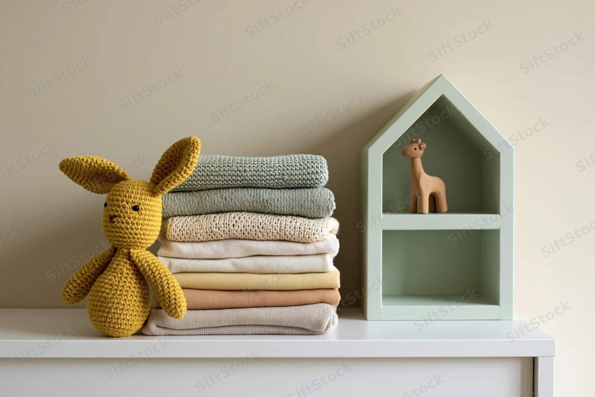 Stack of folded baby clothes in soft knit and cotton textures on a shelf with a crocheted rabbit and wooden giraffe toy in a mint house-shaped shelfunit