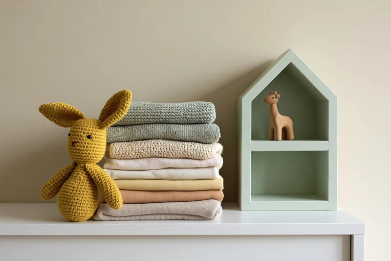 Stack of folded baby clothes in soft knit and cotton textures on a shelf with a crocheted rabbit and wooden giraffe toy in a mint house-shaped shelfunit