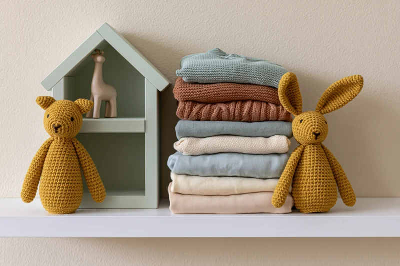 Stack of folded baby clothes in soft knit and cotton textures on a shelf with crocheted toys and a decorative house shelf