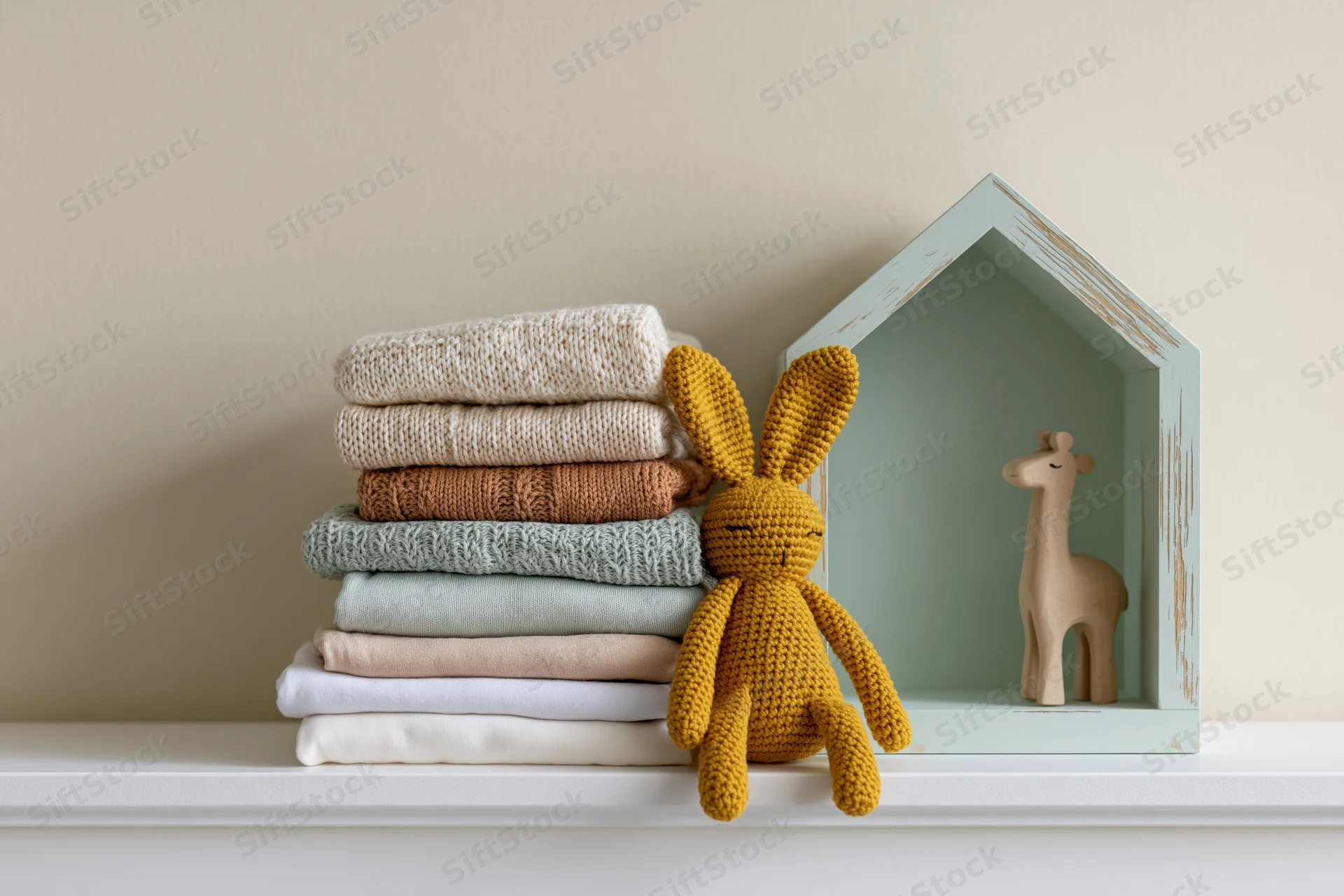 Stack of folded baby clothes in soft knit and cotton textures on a shelf beside a crocheted bunny and wooden giraffe in a house-shaped frame