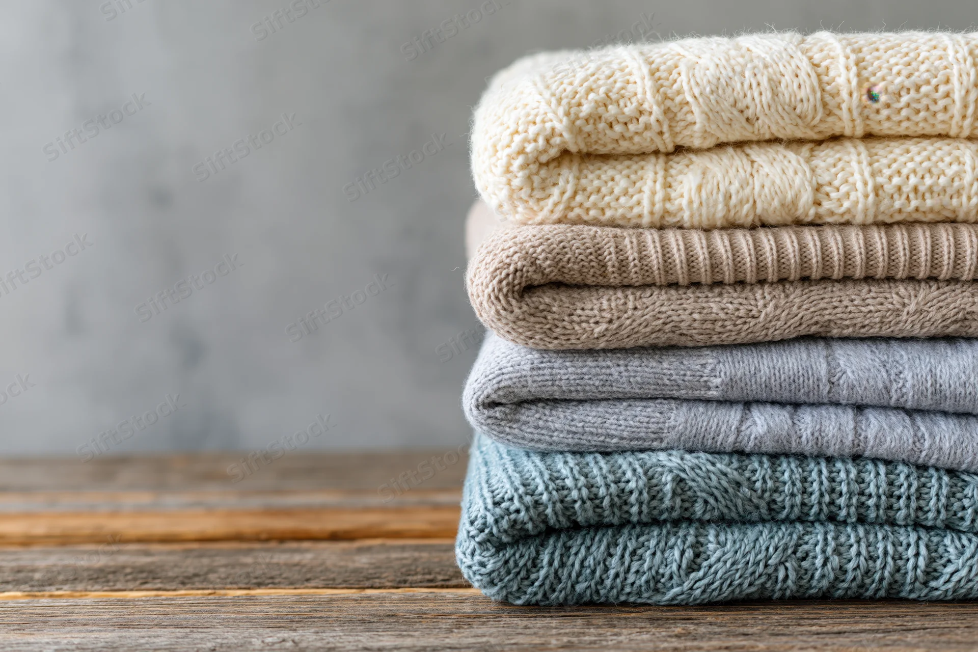 Stack of four folded knit sweaters in neutral tones on a rustic wooden table