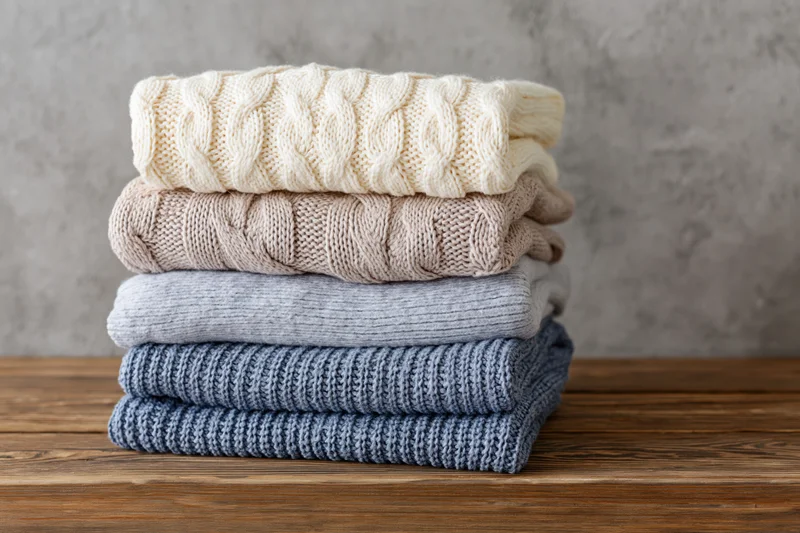 Stack of folded knit sweaters in neutral tones arranged on a wooden table