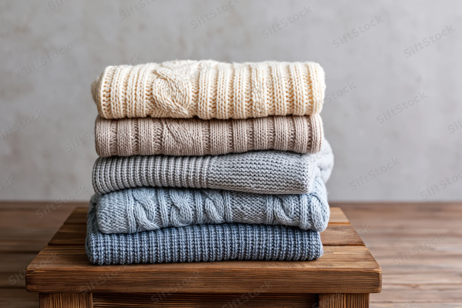 Stack of folded knit sweaters in neutral tones on a wooden table