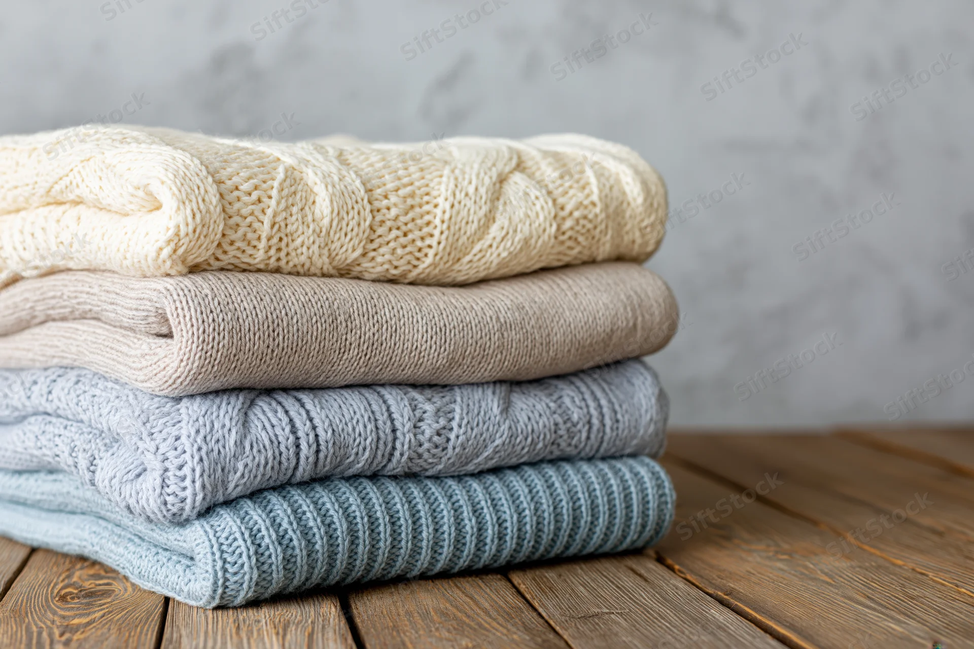 Stack of four folded knit sweaters in neutral tones on a wooden table