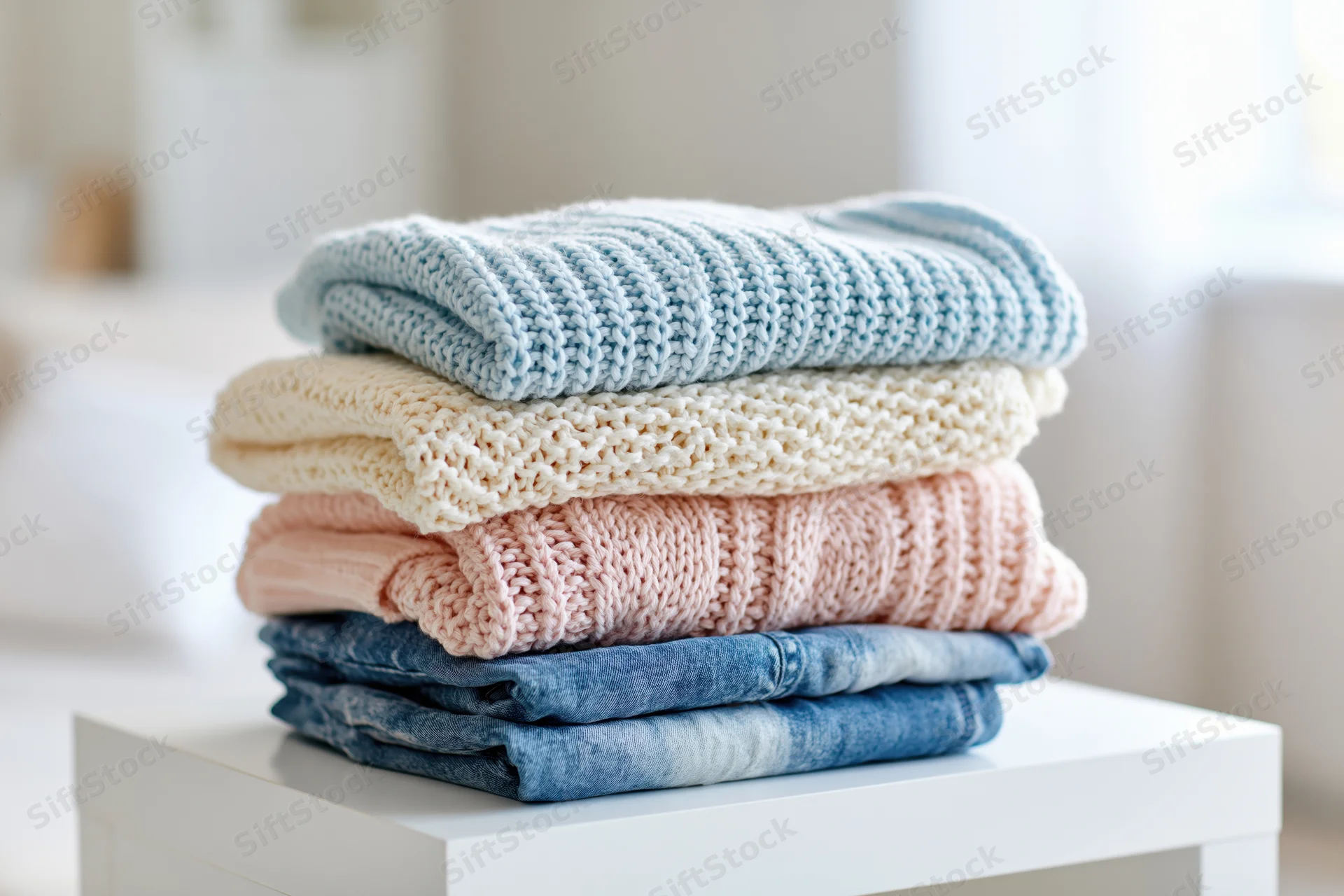 Stack of folded knit sweaters and denim jeans on a white table