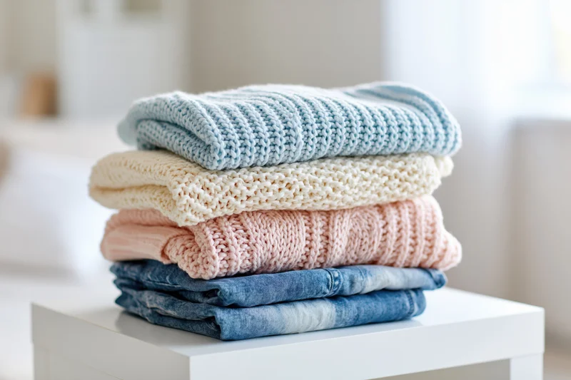 Stack of folded knit sweaters and denim jeans on a white table
