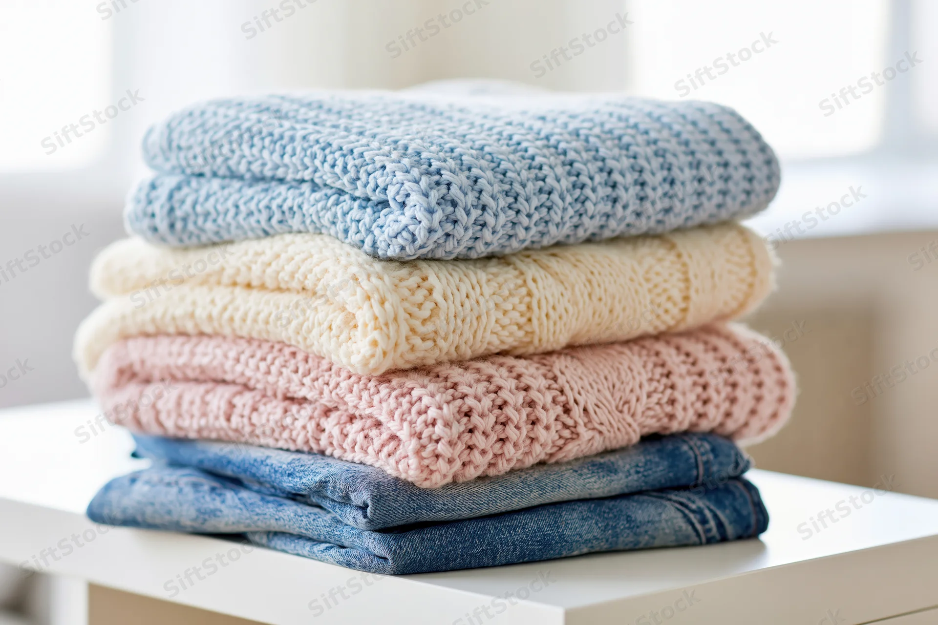 Stack of folded knit sweaters and denim jeans on a white table
