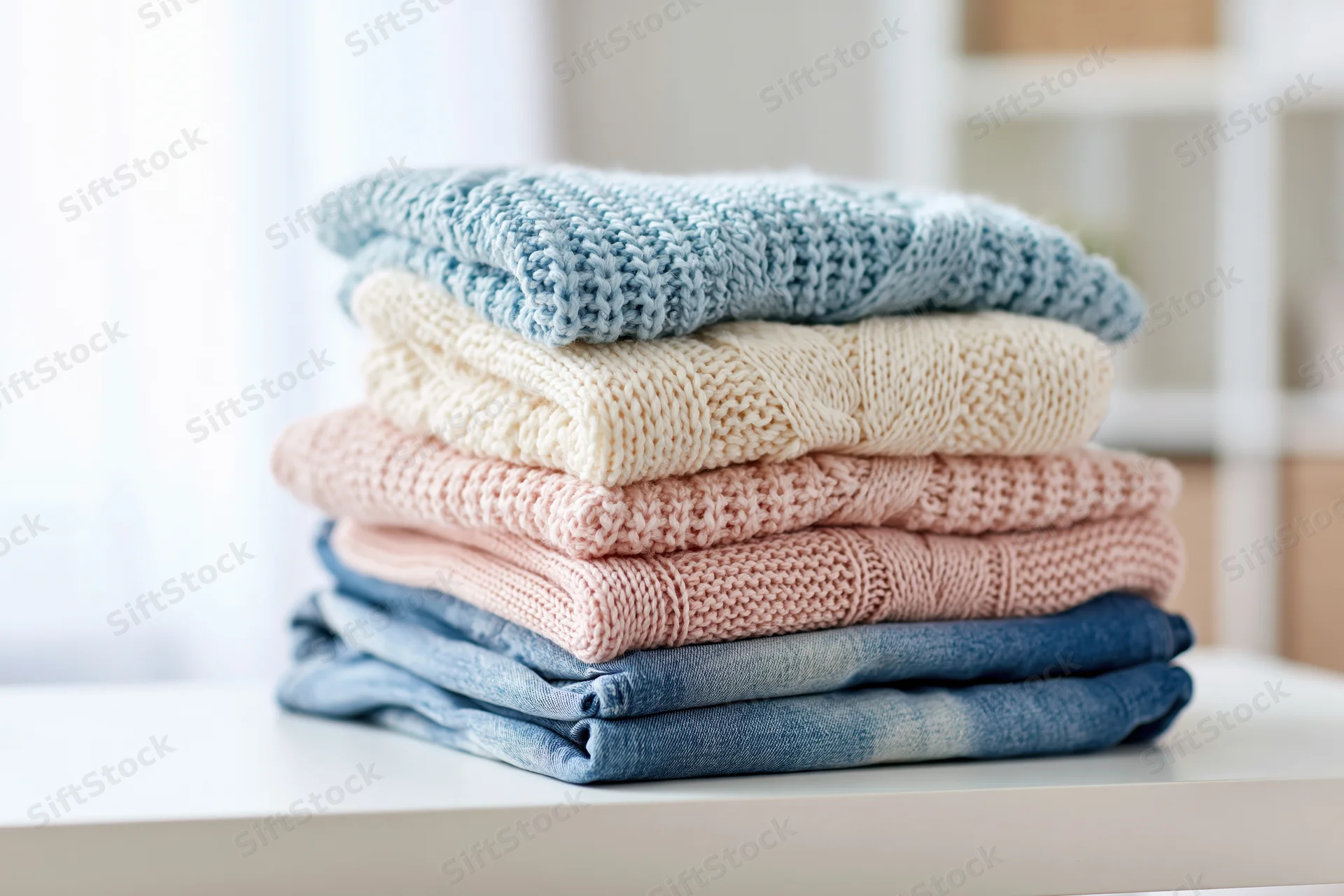 Stack of folded knit sweaters and denim jeans on a white shelf