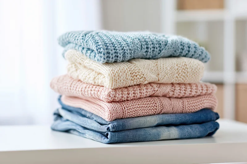 Stack of folded knit sweaters and denim jeans on a white shelf