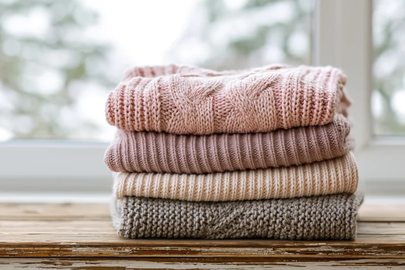 Stack of folded knit sweaters on a wooden shelf by a window