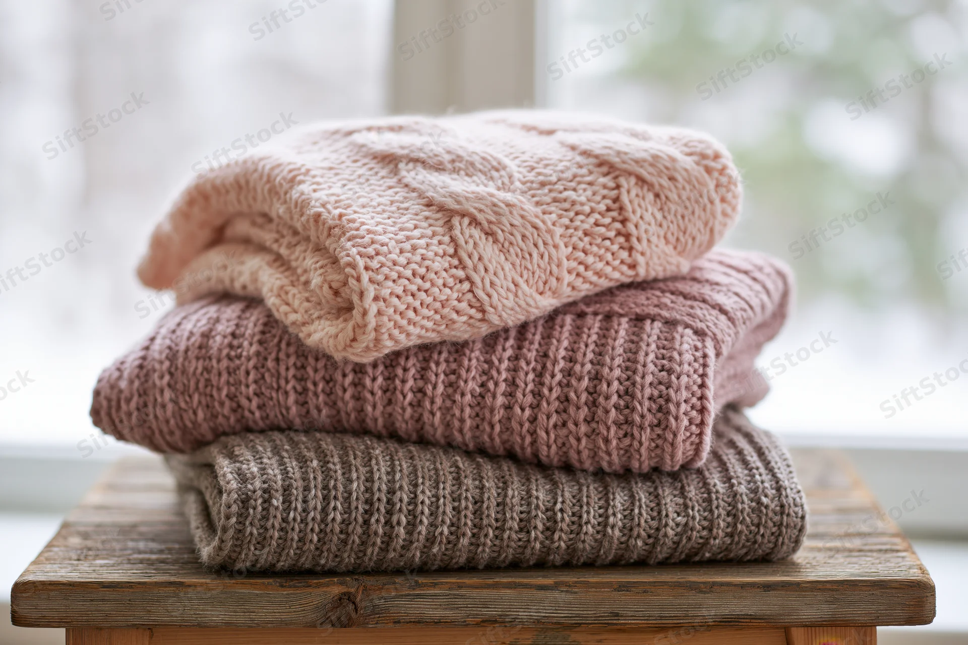 Stack of three folded knit sweaters in pastel shades on a wooden table near a window