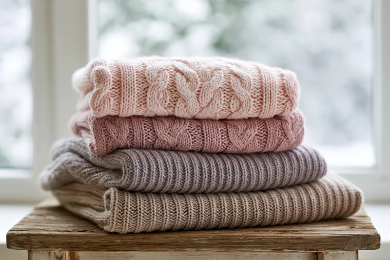 Stack of folded knit sweaters in pastel shades on a wooden table by a window
