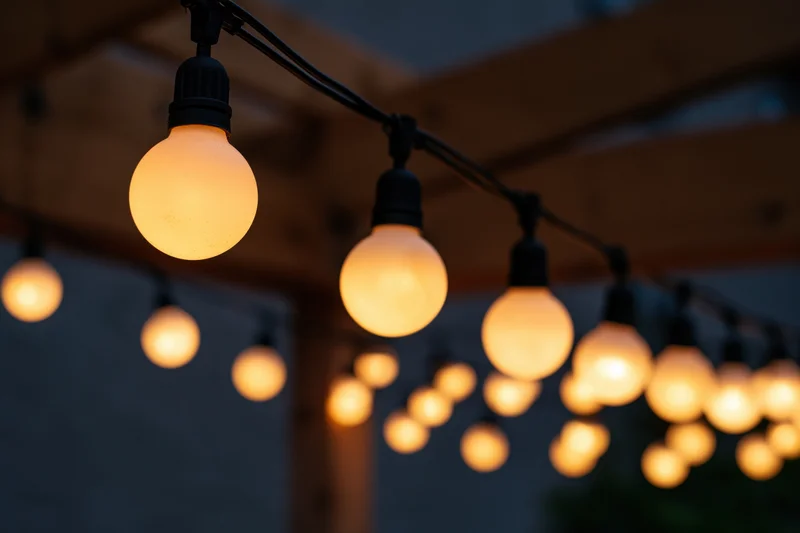 String of round globe edison bulbs hanging outdoors at night under wooden structure