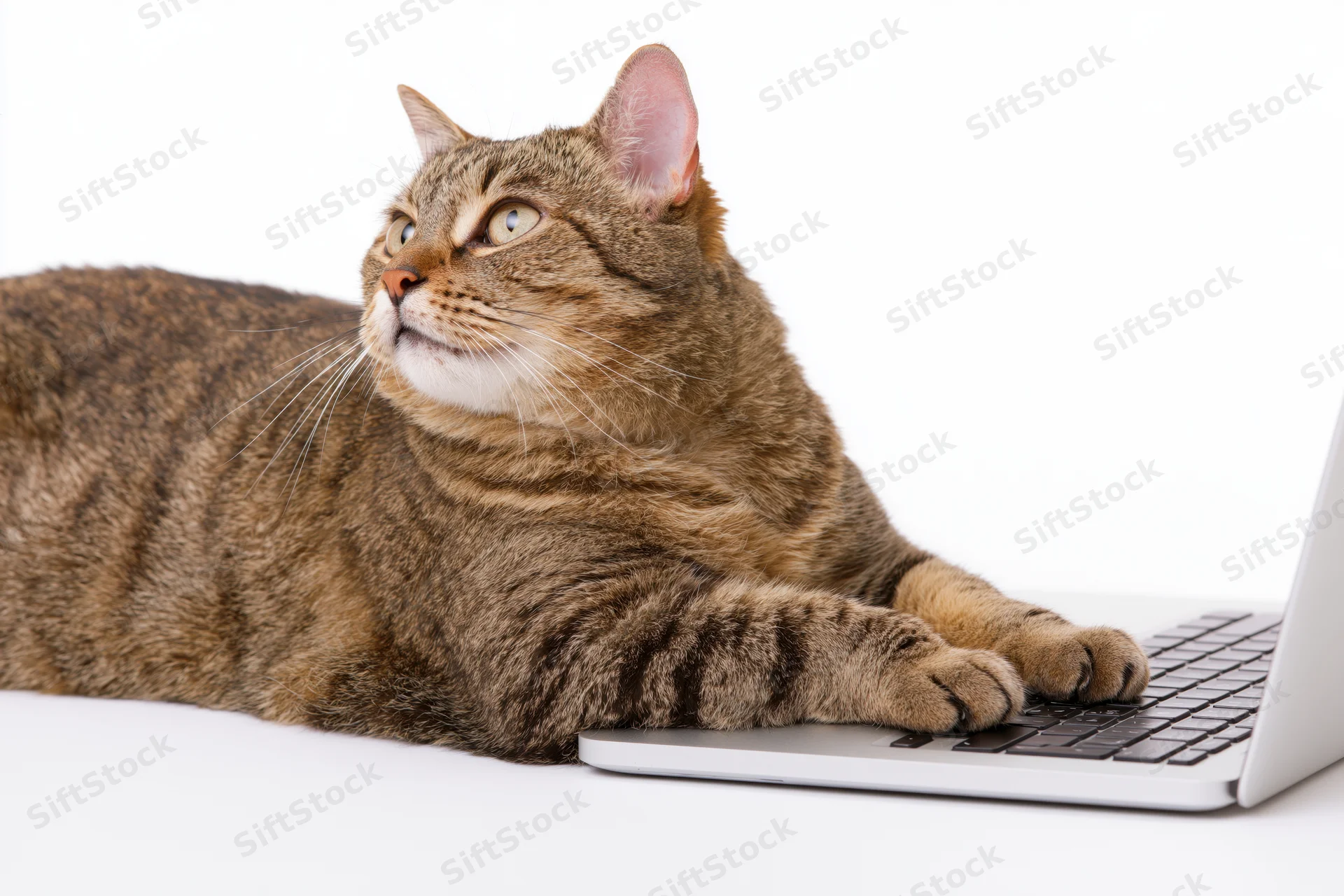 Tabby cat lying down with paws on open laptop against white background