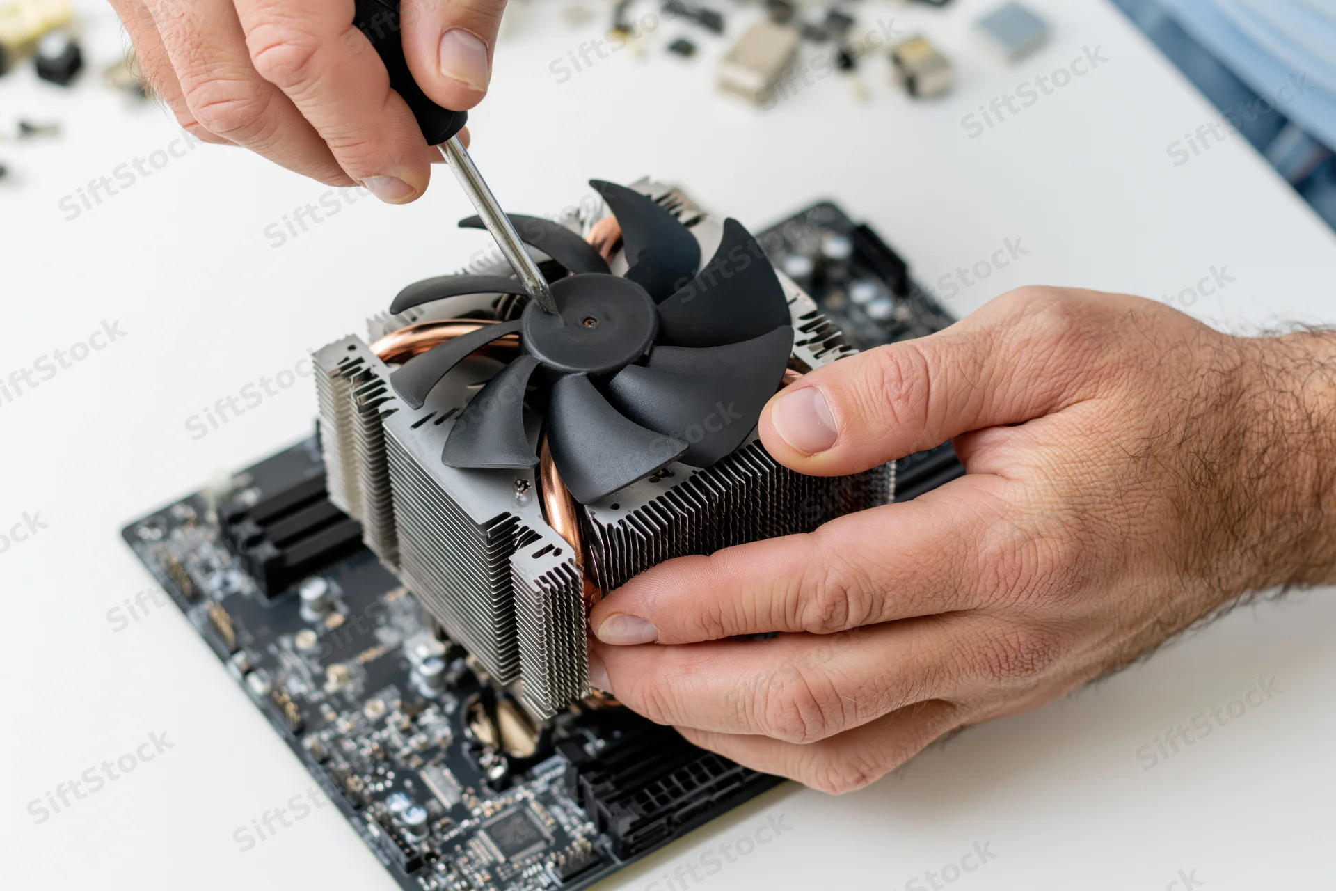 Technician installing cpu cooler with black fan onto motherboard