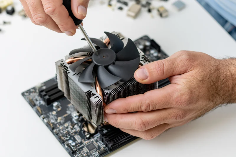 Technician installing cpu cooler with black fan onto motherboard