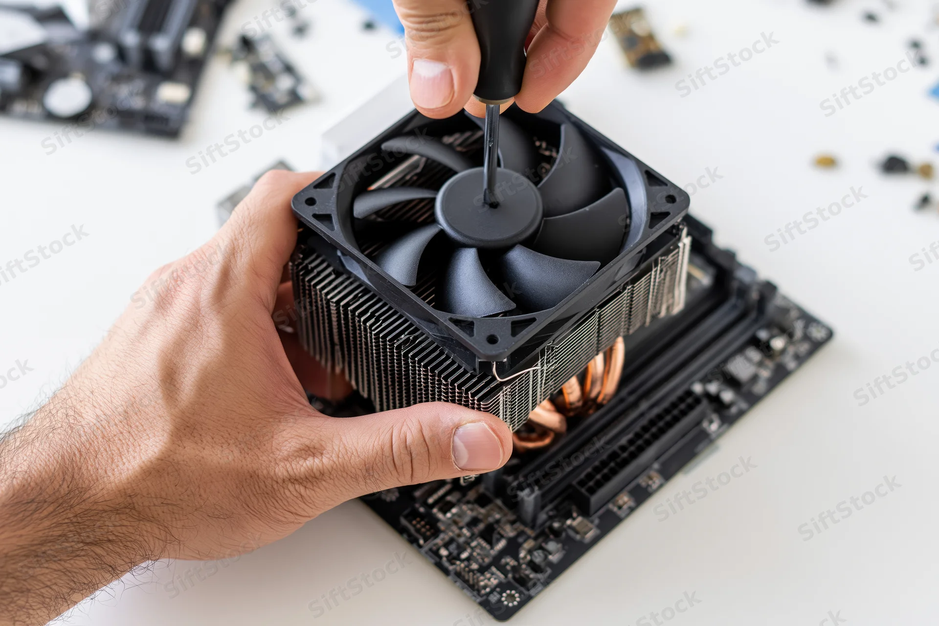 Technician installing cpu cooler with black fan onto motherboard