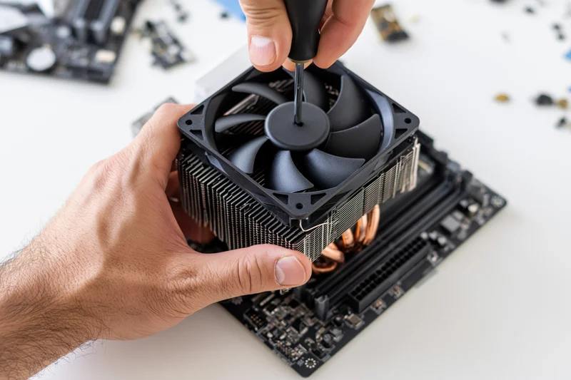 Technician installing cpu cooler with black fan onto motherboard