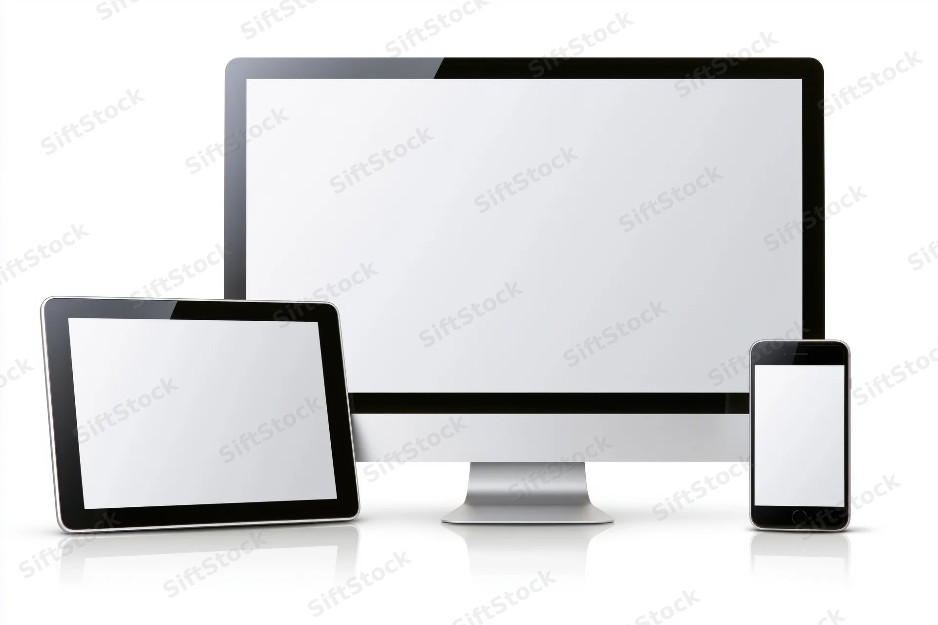Desktop monitor, tablet and smartphone with blank screens arranged together on white background