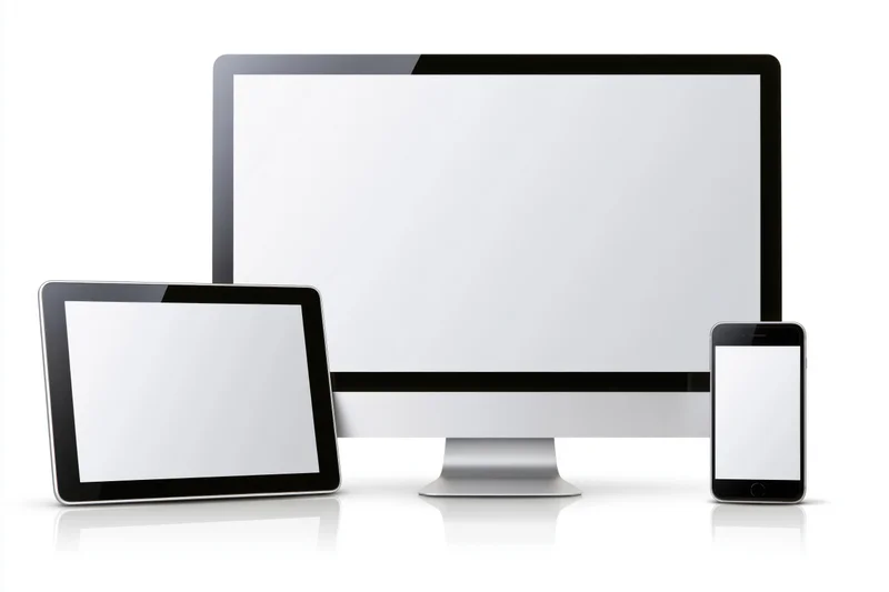 Desktop monitor, tablet and smartphone with blank screens arranged together on white background