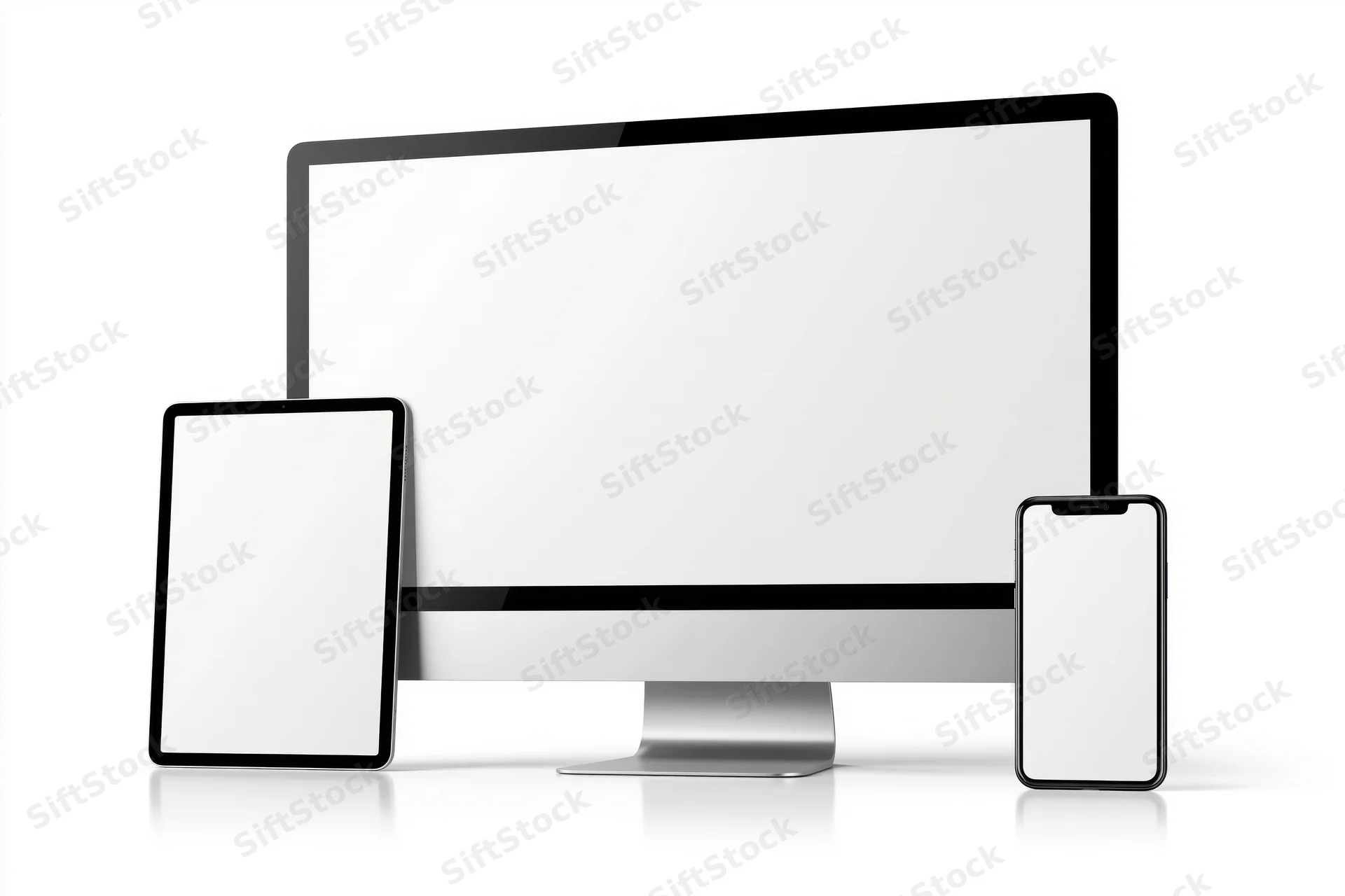 Three blank-screen devices arranged together on a white surface
