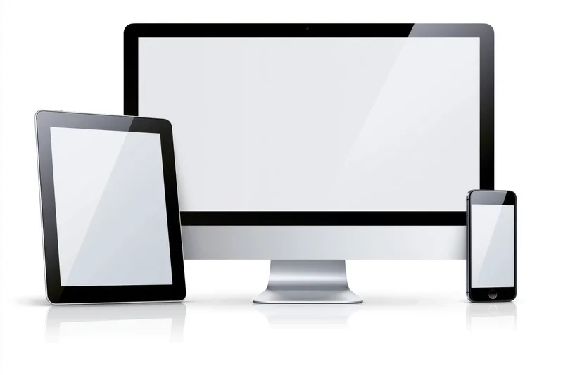 Desktop monitor, tablet and smartphone with blank screens arranged together on white surface