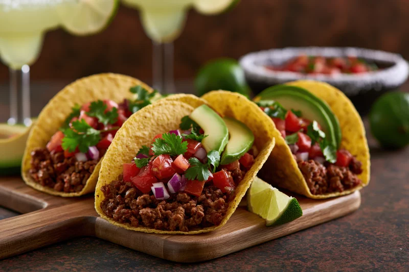 Three tacos filled with seasoned ground beef and fresh toppings arranged on a wooden cutting board with margaritas in the background