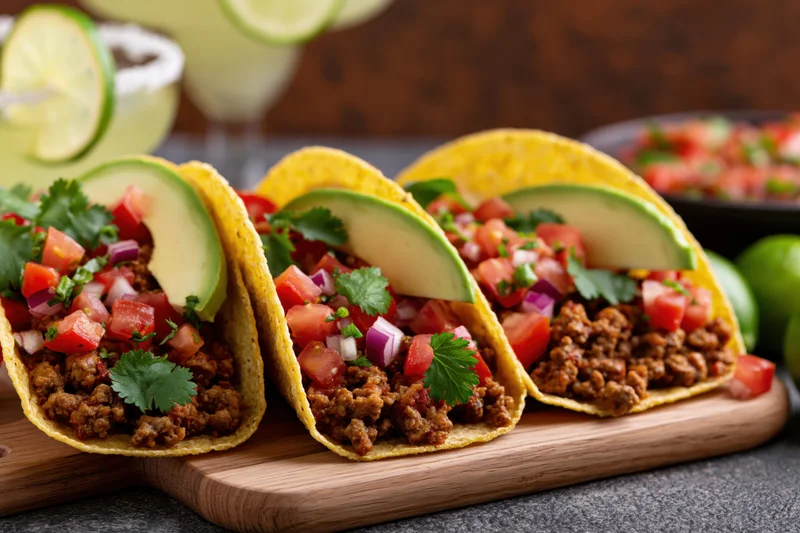 Three tacos filled with seasoned ground beef and topped with avocado, tomato, onion, and cilantro on a wooden cutting board