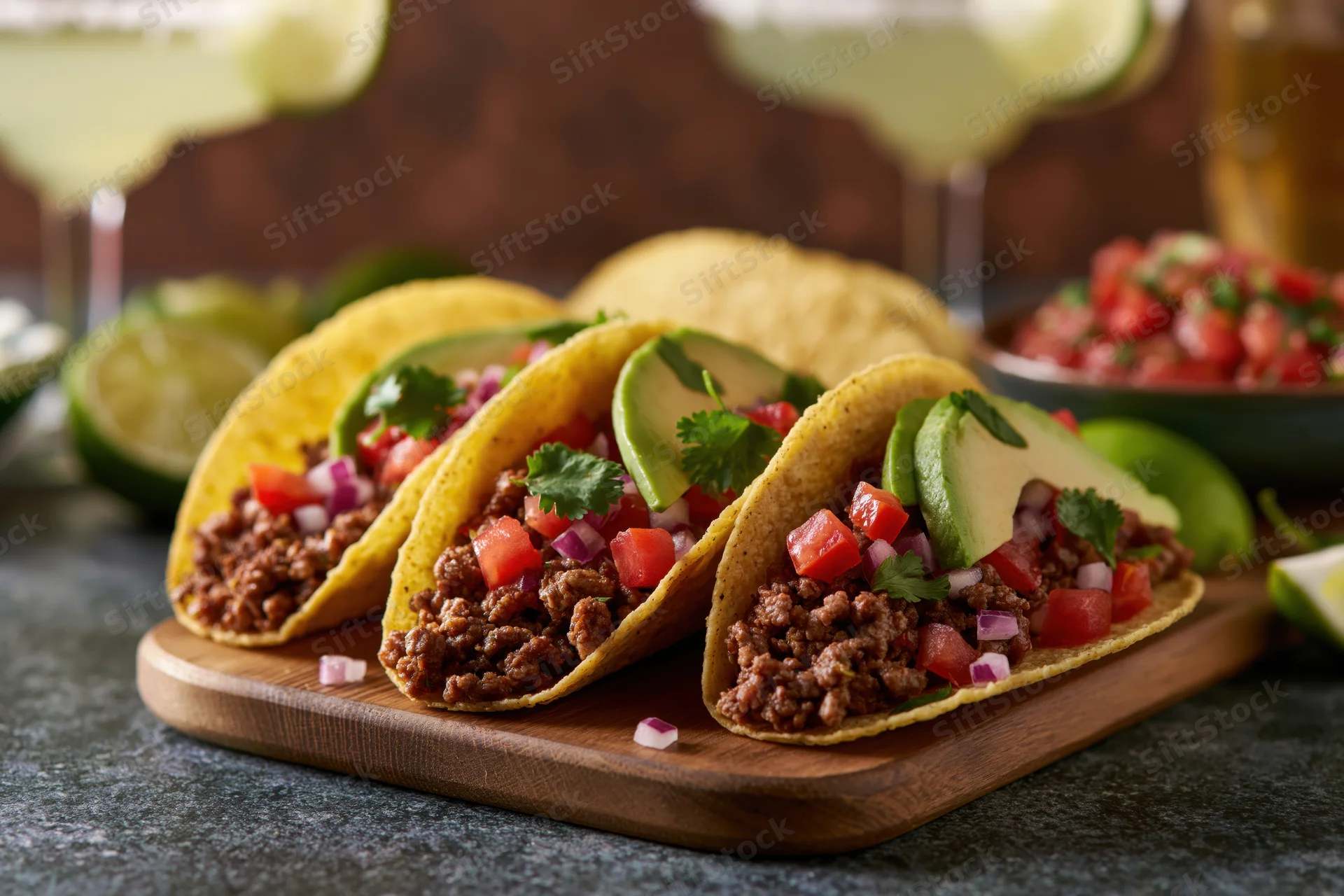 Three tacos filled with seasoned beef and topped with avocado, tomato, and cilantro on a wooden board with margaritas and lime in the background