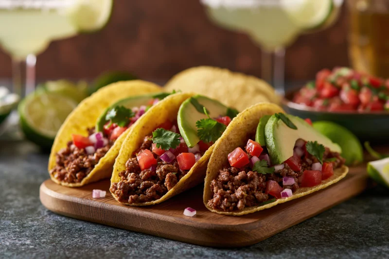 Three tacos filled with seasoned beef and topped with avocado, tomato, and cilantro on a wooden board with margaritas and lime in the background