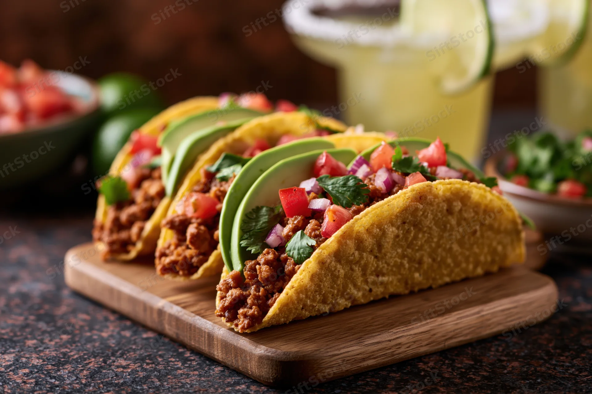 Three tacos filled with seasoned ground beef, avocado, tomato, and cilantro on a wooden board with margaritas and garnishes in the background