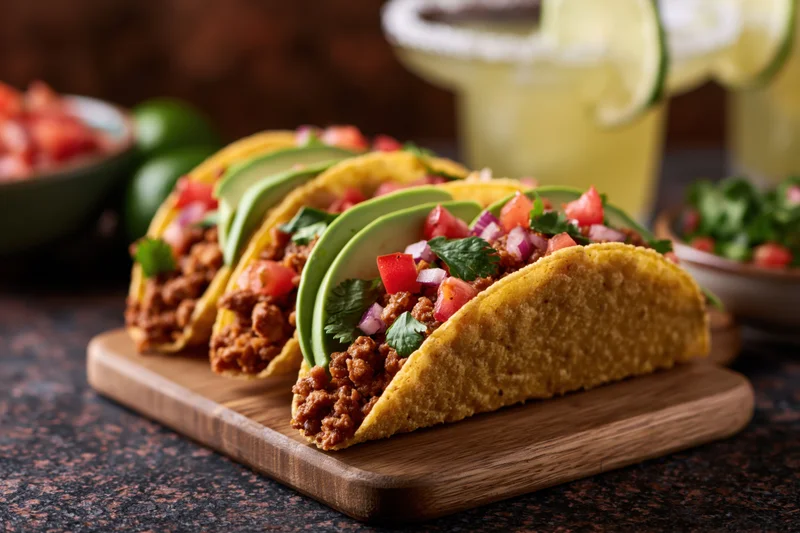 Three tacos filled with seasoned ground beef, avocado, tomato, and cilantro on a wooden board with margaritas and garnishes in the background