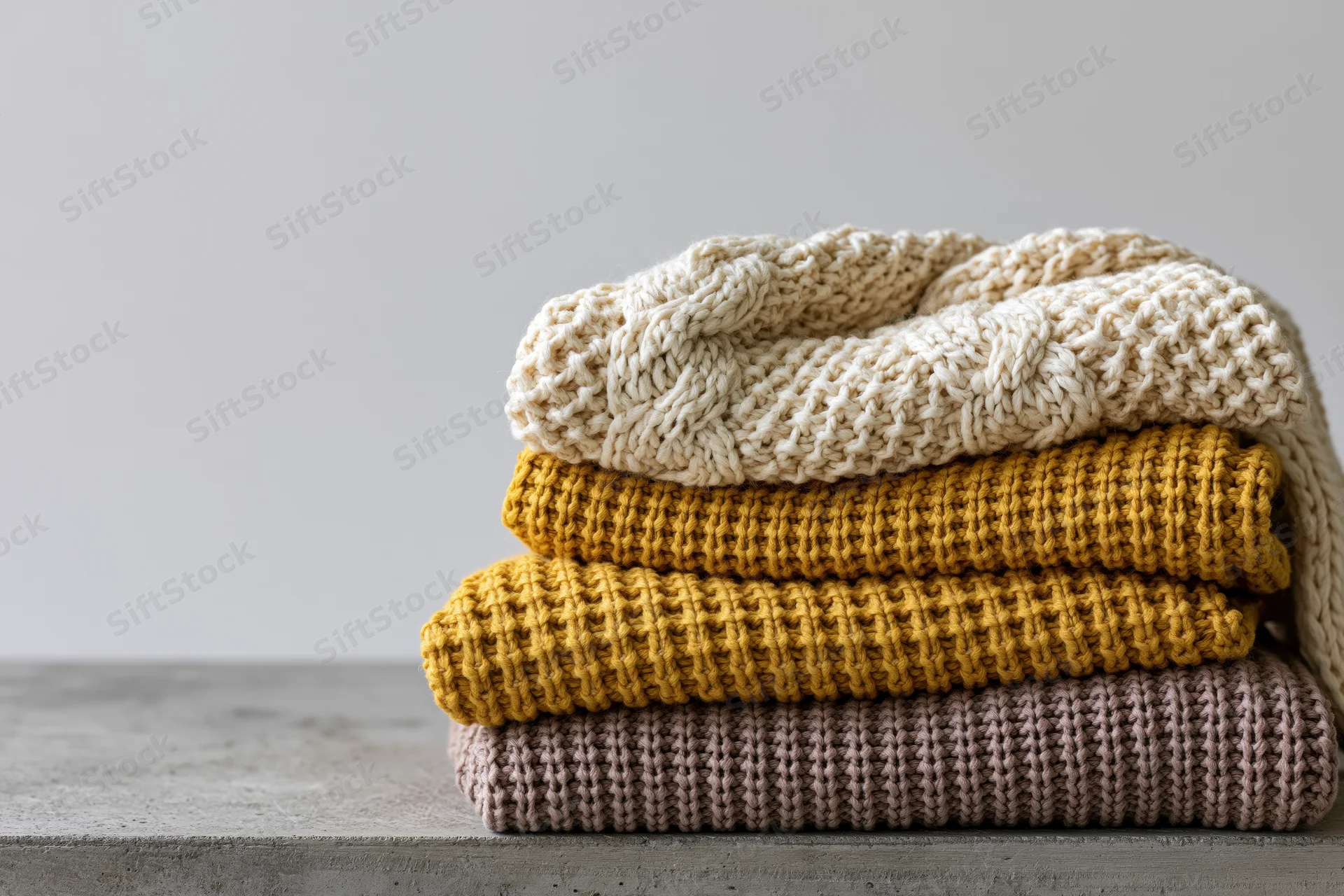 Stack of folded knit sweaters in earth tones on concrete surface