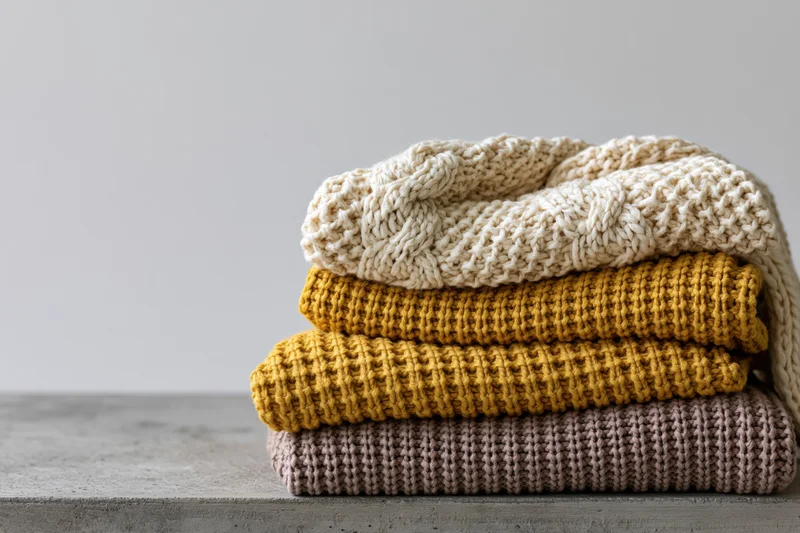 Stack of folded knit sweaters in earth tones on concrete surface