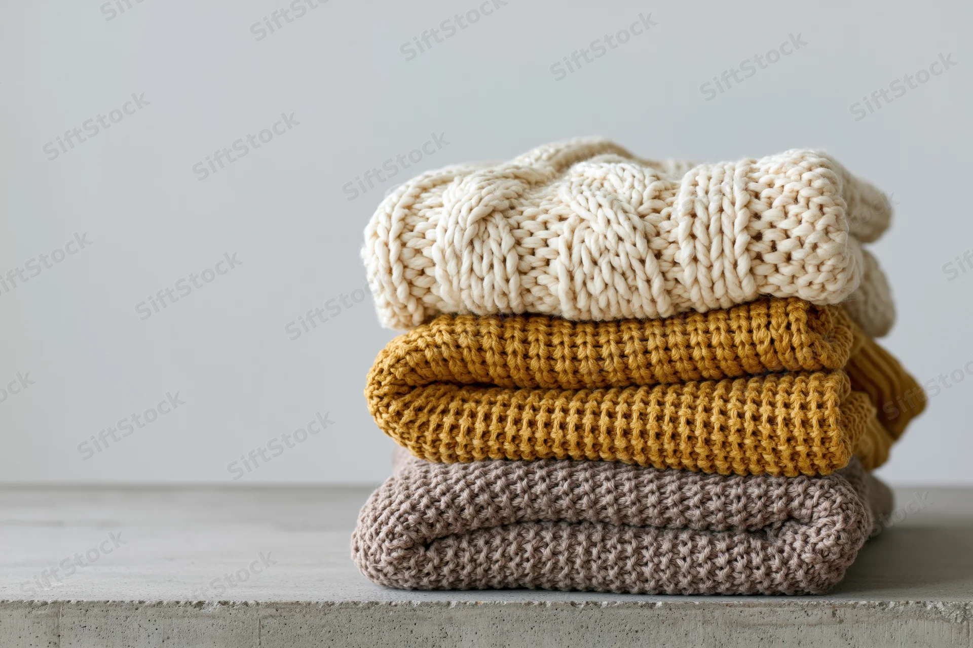Three folded knit sweaters stacked on a concrete surface