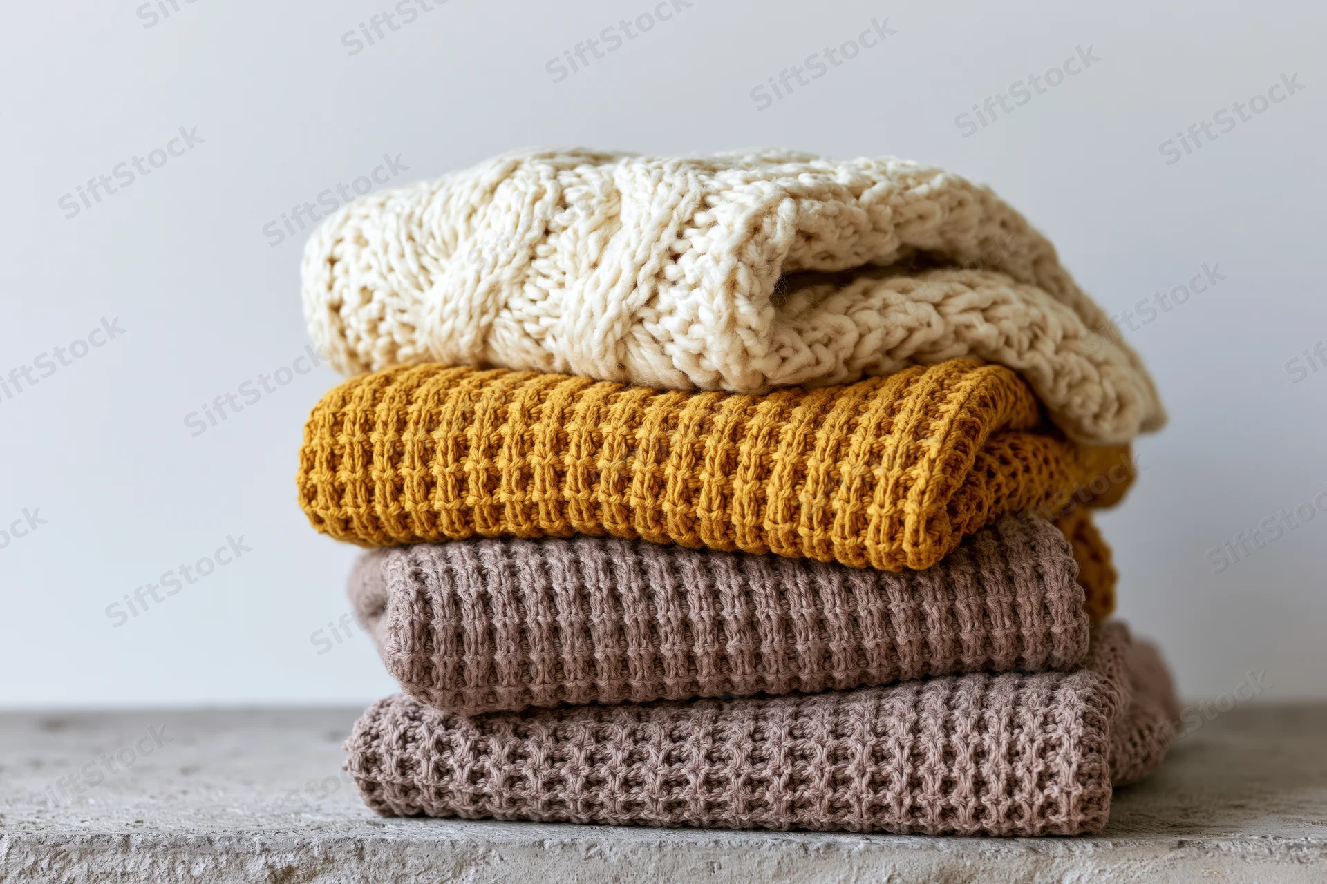 Stack of folded knit sweaters in neutral tones on concrete surface