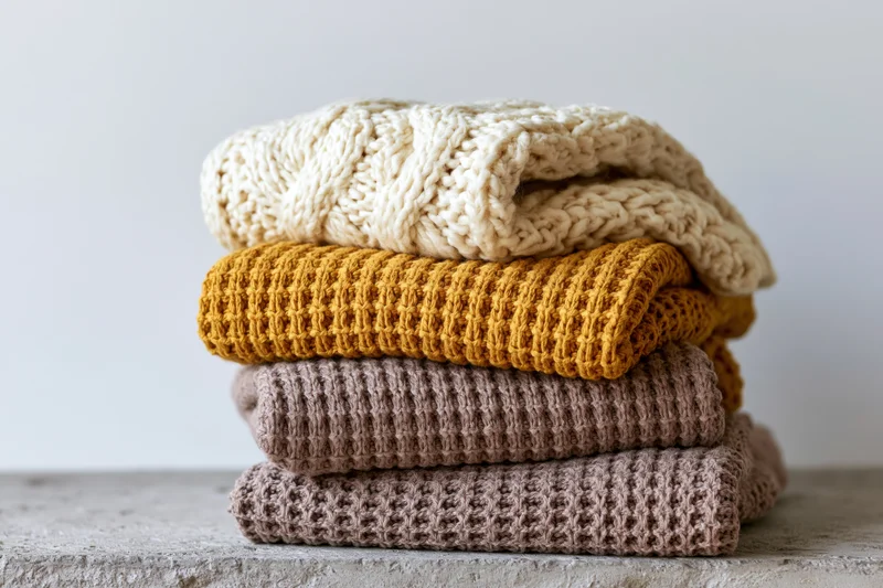 Stack of folded knit sweaters in neutral tones on concrete surface