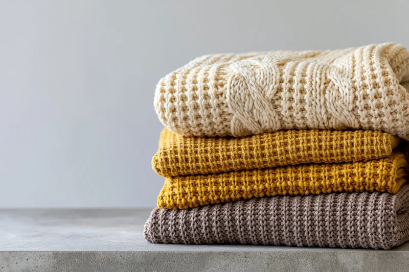 Stack of folded knit sweaters in neutral tones on concrete surface